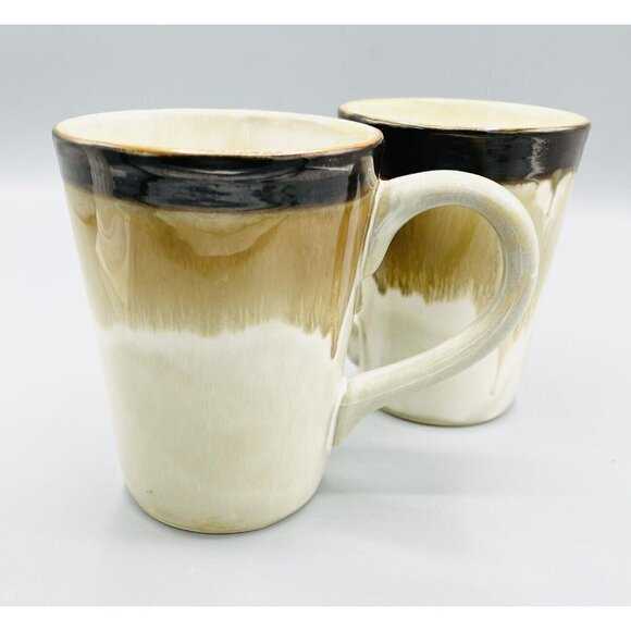 Tabletops Lifestyle Filmore 2 Coffee Mugs Brown Drip Glaze Beige Cups Farmhouse - Picture 3 of 5